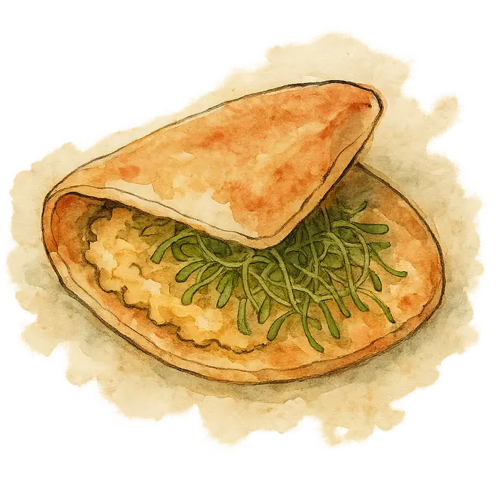 A watercolour of a folded wrap showing pale chickpea mash and fine green alfalfa sprouts