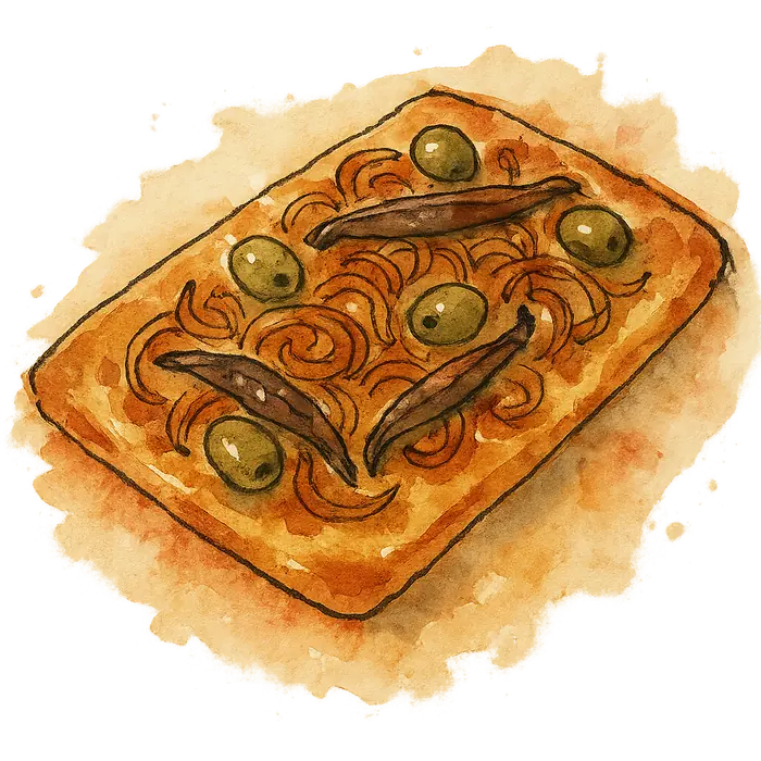 A watercolour of a thin flatbread topped with deep gold browned onion, green olives and dark anchovy