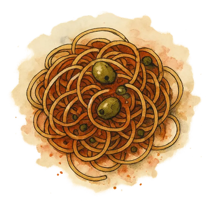 A watercolour of spaghetti in a deep red tomato sauce with green olives and capers