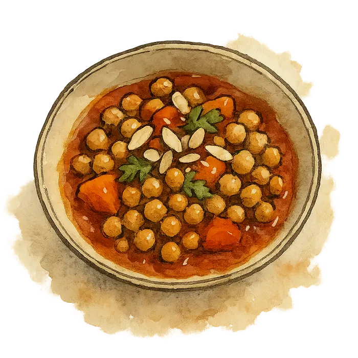 A watercolour of a bowl of chickpeas and orange apricot pieces in a rich brown-red sauce with flaked almonds