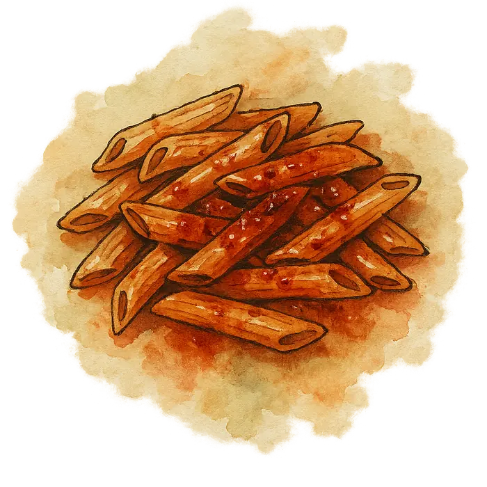 A watercolour of penne coated in a dark glossy red chilli tomato sauce