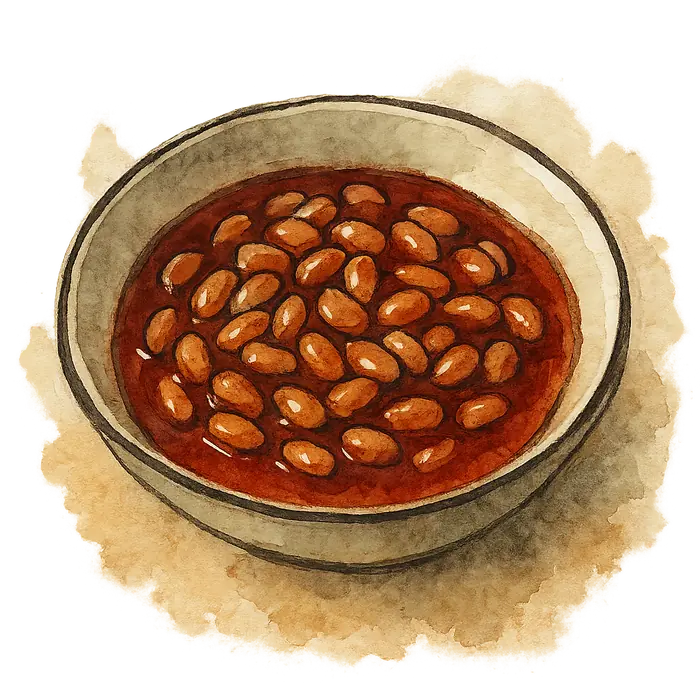 A watercolour of a bowl of baked beans in a dark red smoky sauce, glossier than from the tin