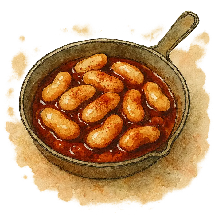 A watercolour of fat pale butter beans in a dark red glossy barbecue sauce, dusted with paprika