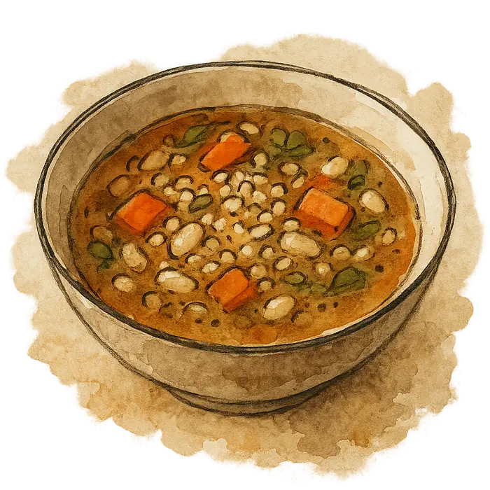 A watercolour of a bowl of thick broth with pearl barley, white beans and orange carrot pieces