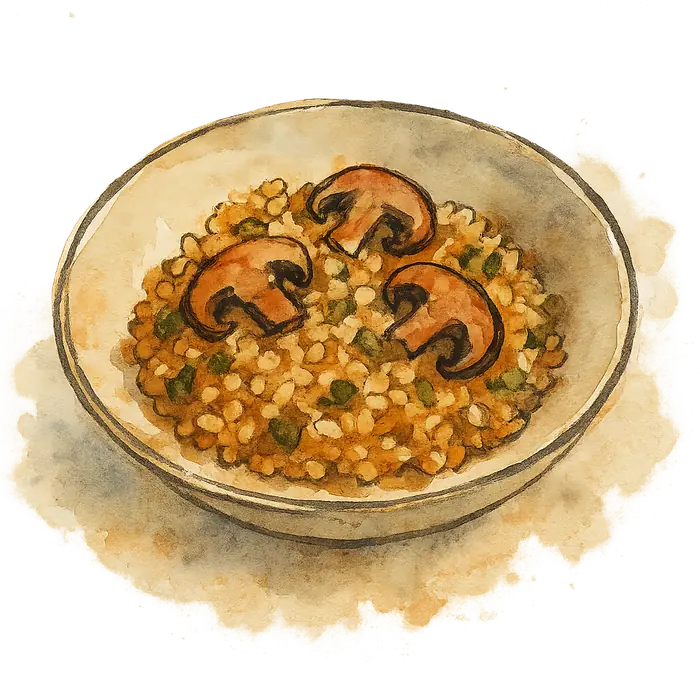 A watercolour of a bowl of pearl barley pilaf with dark sliced mushrooms through it