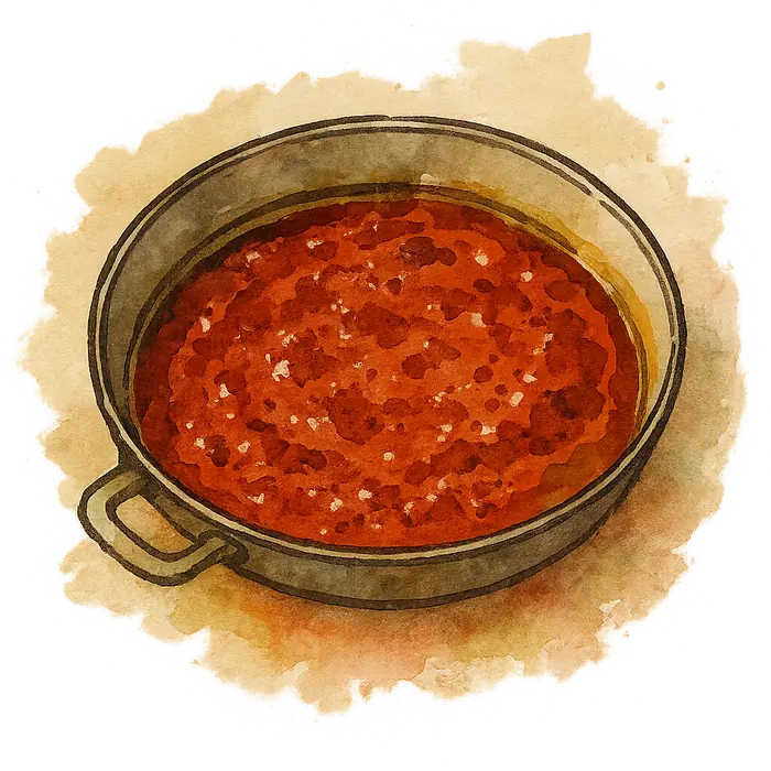 A watercolour of a large pan of thick deep brick-red tomato sauce with oil separating at the edges