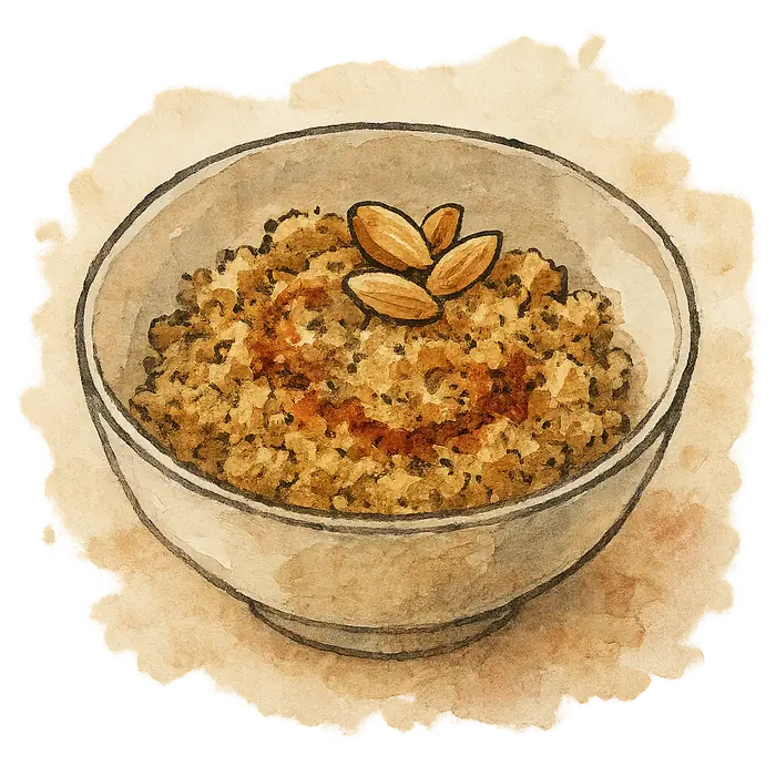 A watercolour of a bowl of soft toasted biscuit crumble with red jam swirled through and almonds on top