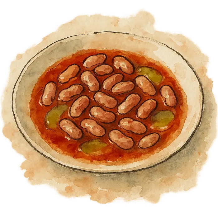A watercolour of speckled pink-brown borlotti beans in a rich red tomato sauce with olive oil on top