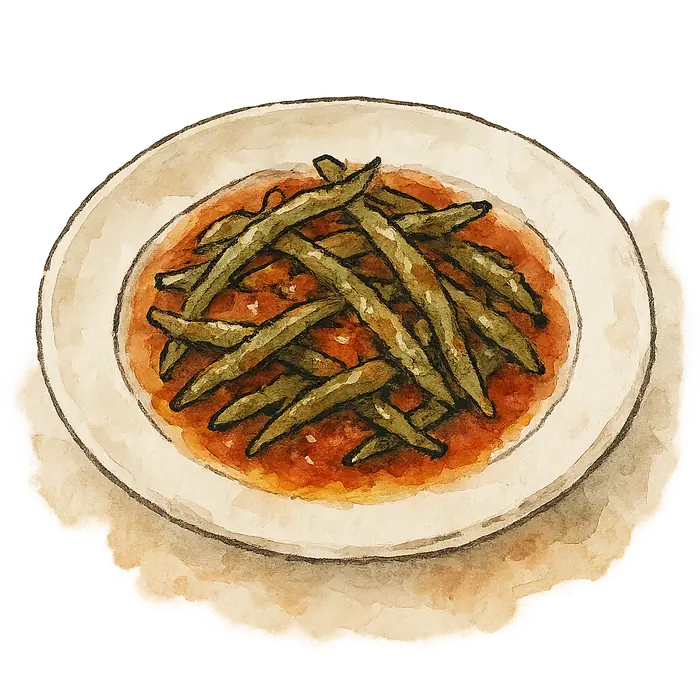 A watercolour of soft green beans stewed in a red tomato sauce with olive oil pooling at the edge of the dish