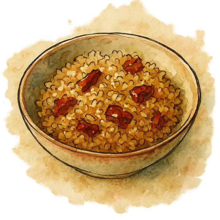 A watercolour of pale bulgur wheat studded with dark red sun-dried tomato, glossy with oil