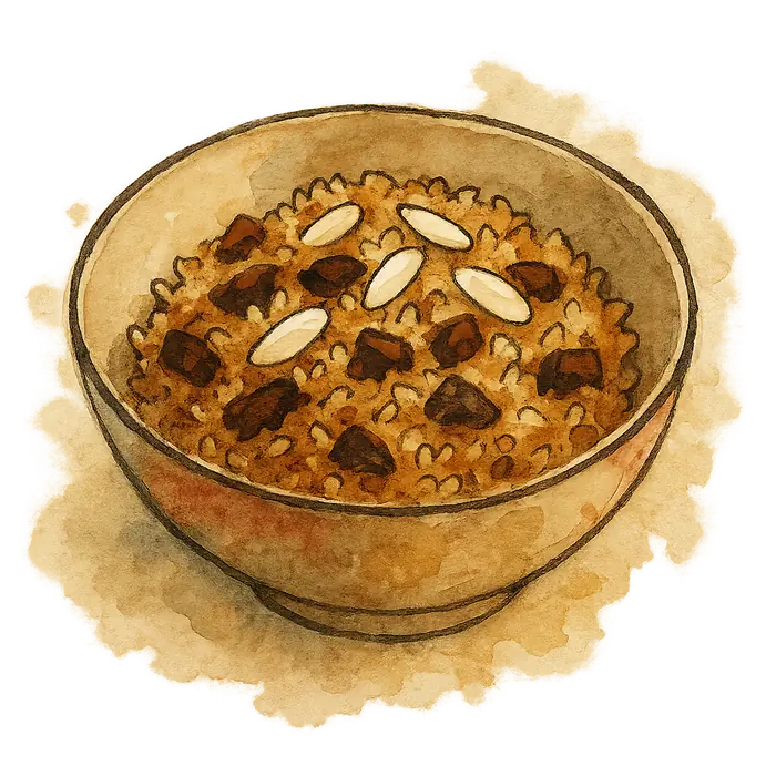 A watercolour of bulgur wheat with chopped dates and flaked almonds