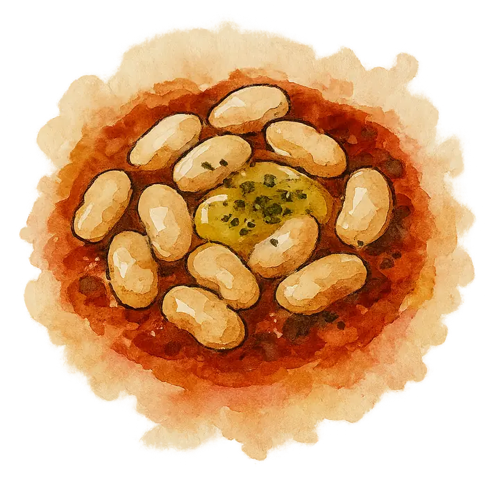 A watercolour of large pale butter beans in a dark red tomato sauce with a pool of olive oil