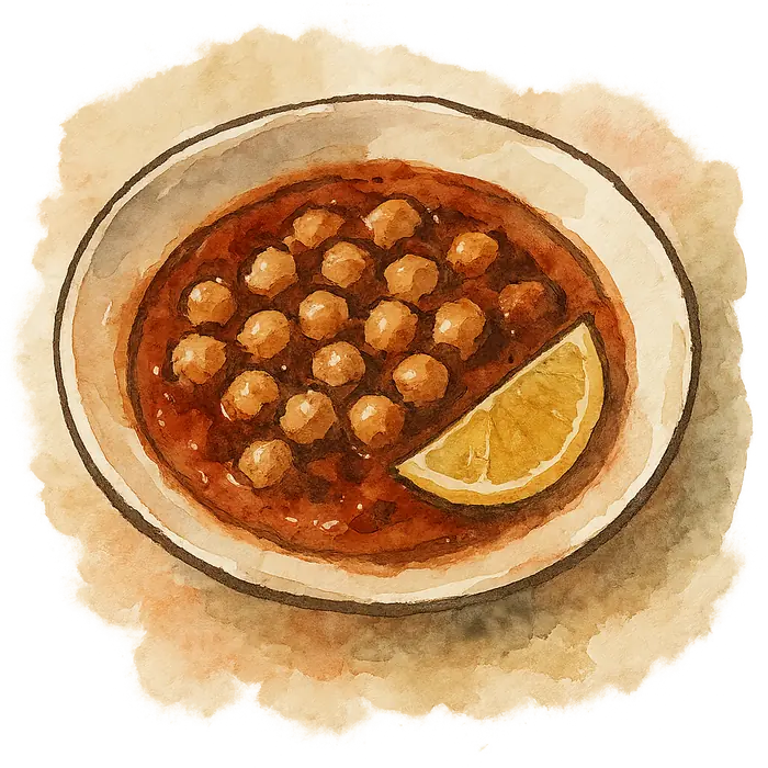 A watercolour of whole pale chickpeas in a dark spiced tomato sauce, thick and clinging