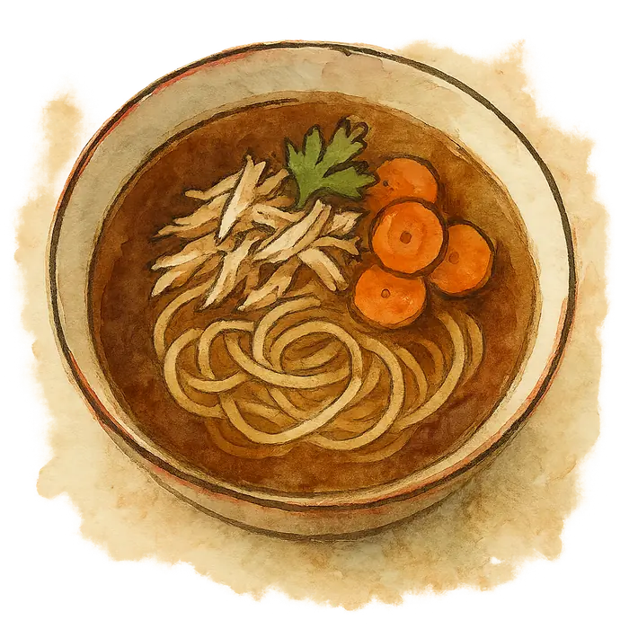 A watercolour of a clear brown broth with pale noodles coiled below shredded chicken and green herb flecks