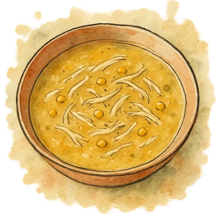 A watercolour of a glossy pale gold soup with shreds of chicken and yellow sweetcorn kernels