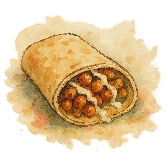 A watercolour of a folded tortilla wrap cut open showing crisped spiced chickpeas and a pale tahini drizzle
