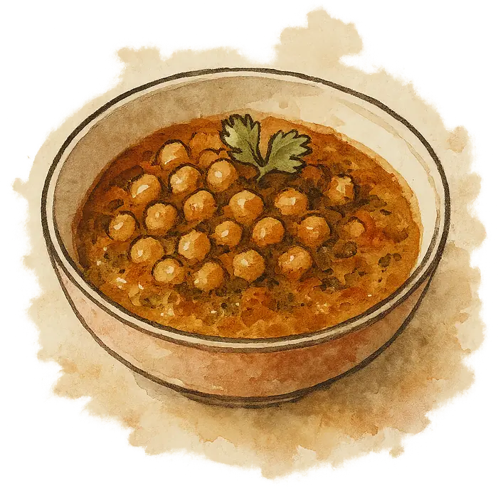 A watercolour of a bowl of chickpeas in a thick golden-brown curry sauce flecked with spice