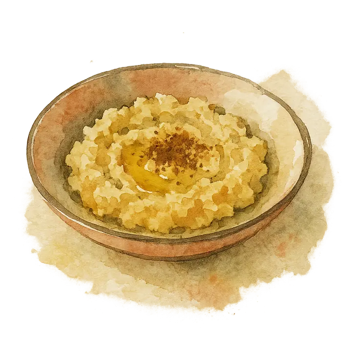 A watercolour of coarsely mashed chickpeas with olive oil pooled on top