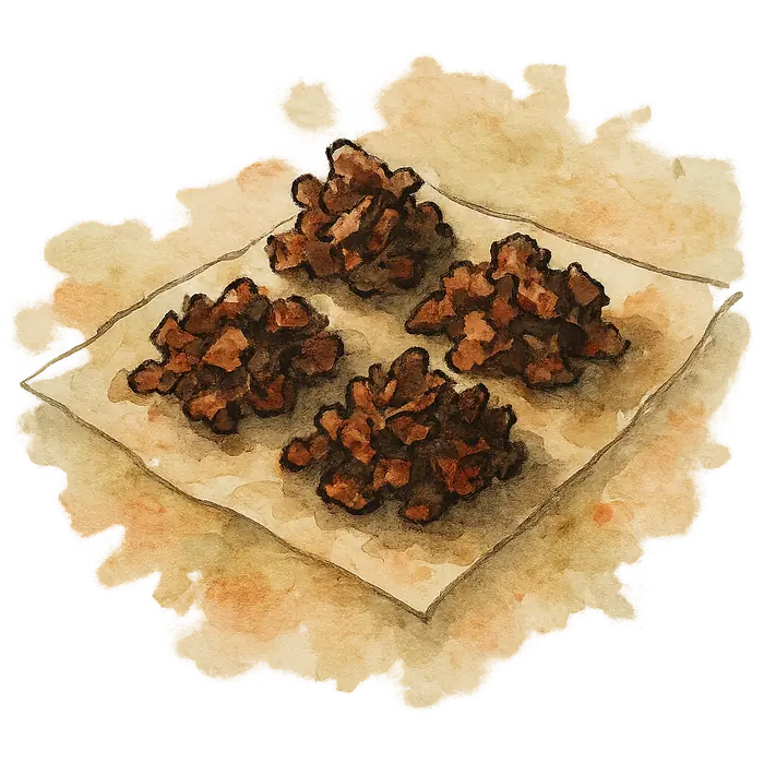 A watercolour of craggy dark chocolate-coated cornflake clusters cooling on greaseproof paper