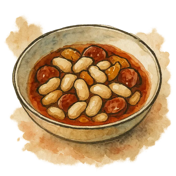 A watercolour of a bowl of pale butter beans with amber dried apricots and red chorizo coins in a brick-red sauce