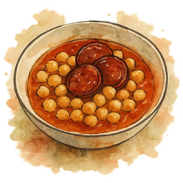A watercolour of chickpeas and red chorizo coins in a brick-red paprika stew