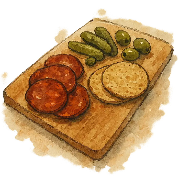 A watercolour of a wooden board with thin slices of dark red chorizo, green gherkins, olives and round oatcakes