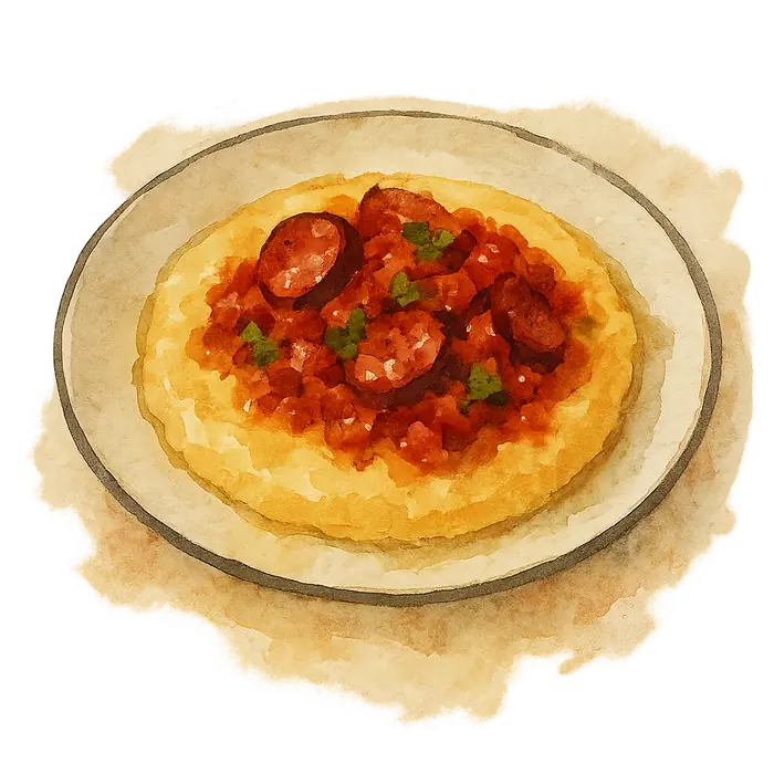 A watercolour of soft pale yellow polenta topped with a red chorizo and tomato sauce