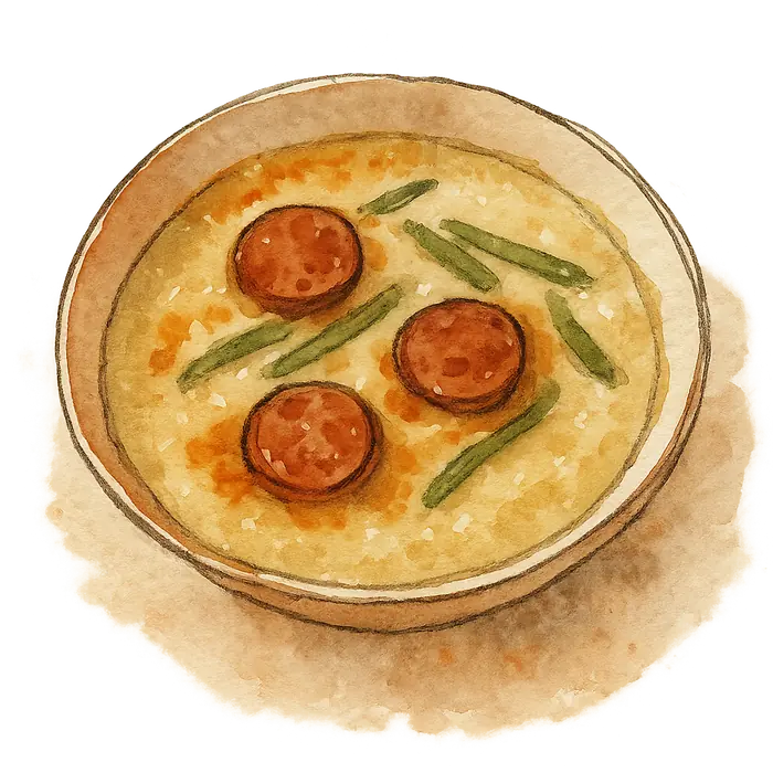 A watercolour of a cloudy potato soup with orange chorizo oil, chorizo coins and green beans