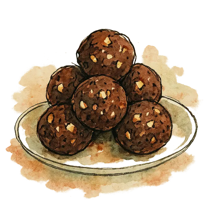 A watercolour of rough dark cocoa and date balls studded with chopped nuts