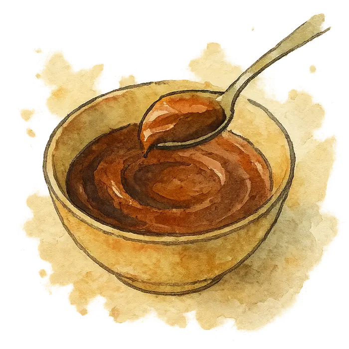 A watercolour of a dark glossy set chocolate pudding in a small bowl with a pale coconut swirl on top
