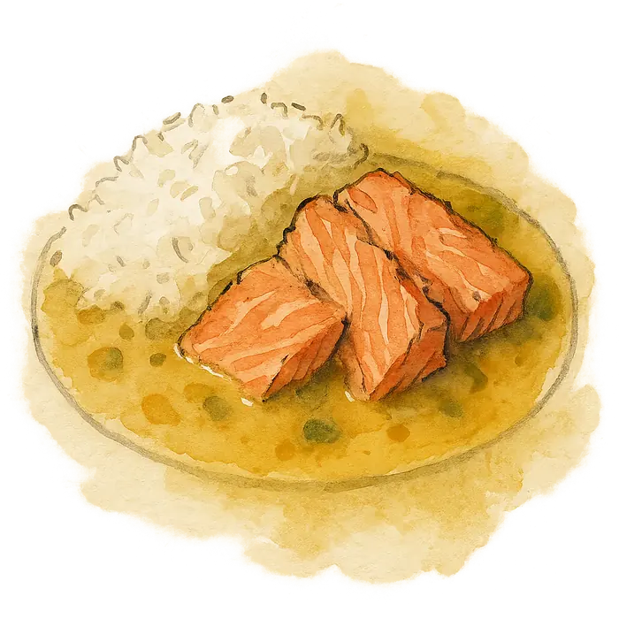 A watercolour of large pink flakes of salmon in a pale yellow coconut curry beside white rice