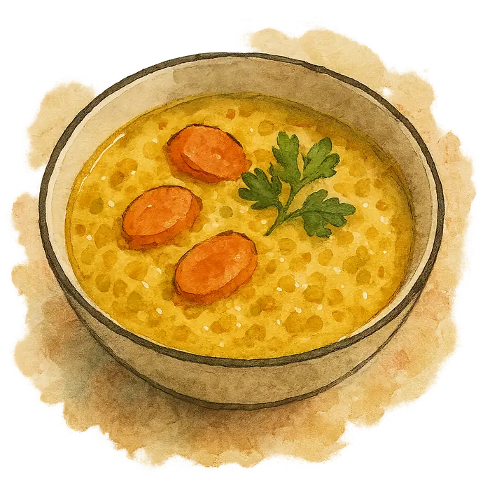 A watercolour of a bowl of pale yellow coconut and lentil curry with soft orange carrot pieces through it