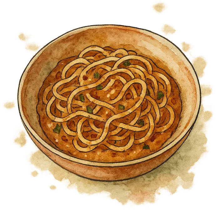 A watercolour of pale noodles coated in a thick tan peanut sauce with red chilli flecks