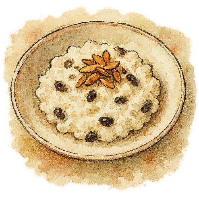 A watercolour of a thick creamy white rice pudding with dark raisins and toasted almonds