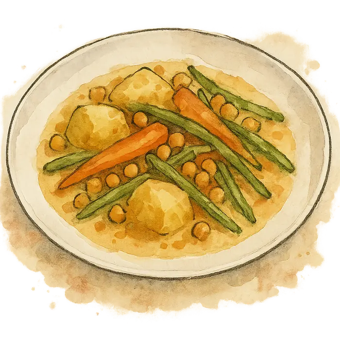 A watercolour of a pale coconut curry with potato, carrot, chickpeas and bright green beans