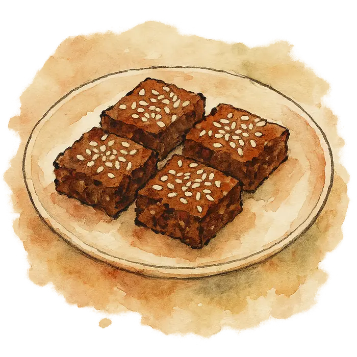 A watercolour of dark brown oat and date bars cut into rectangles, topped with sesame seeds