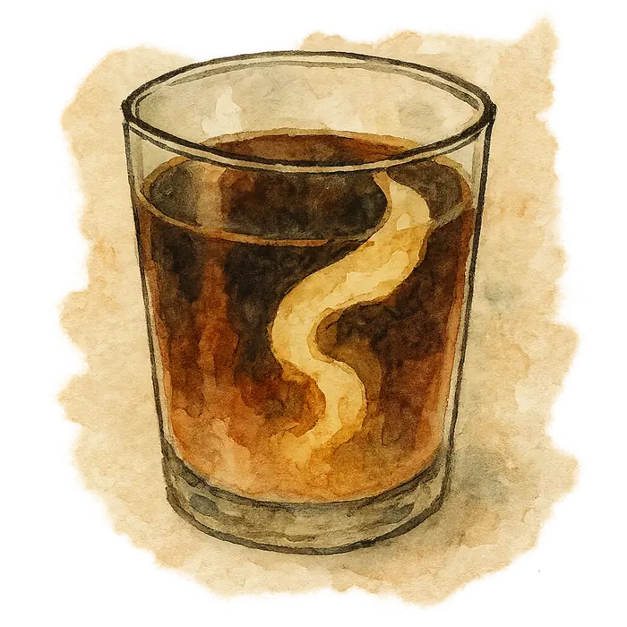 A watercolour of a glass of dark coffee with a thick pale ribbon of condensed milk sinking through it