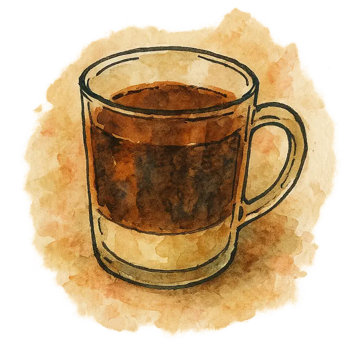 A watercolour of a glass mug of dark coffee with pale condensed milk settled at the bottom
