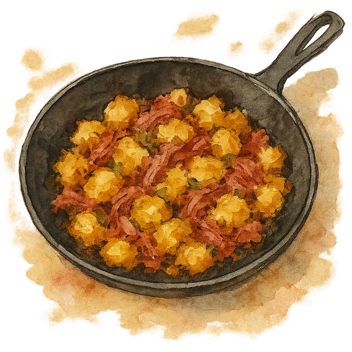 A watercolour of a pan of crisped corned beef hash with crushed potatoes browned at the edges