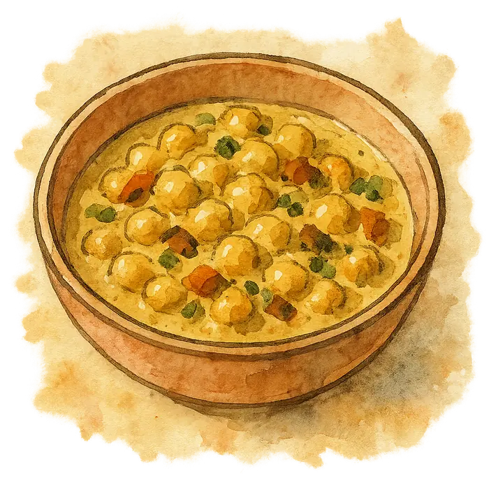 A watercolour of pale golden curried chickpeas in a creamy dressing with dark flecks of apricot and raisin
