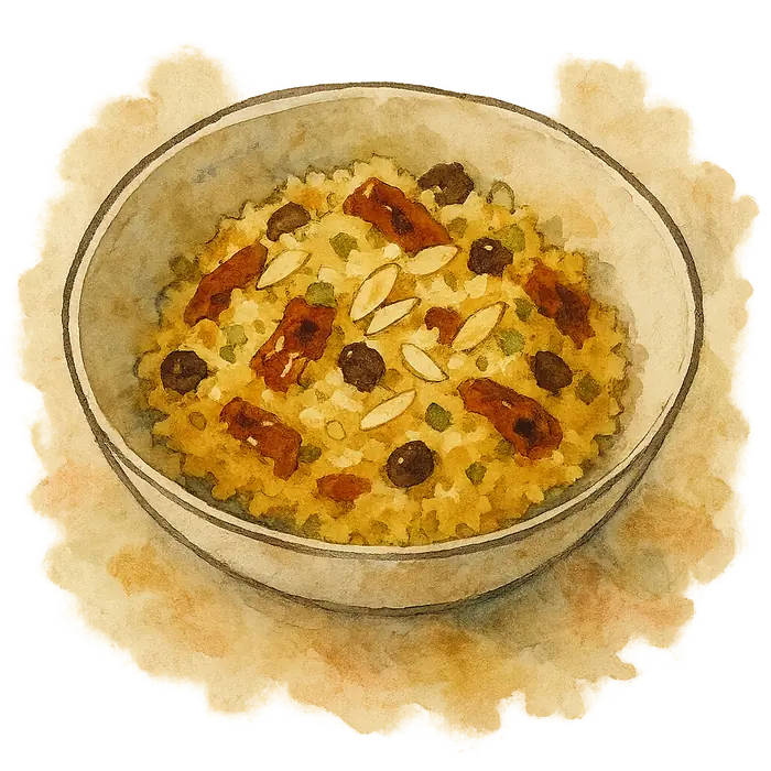 A watercolour of couscous studded with sun-dried tomato, raisins and almonds
