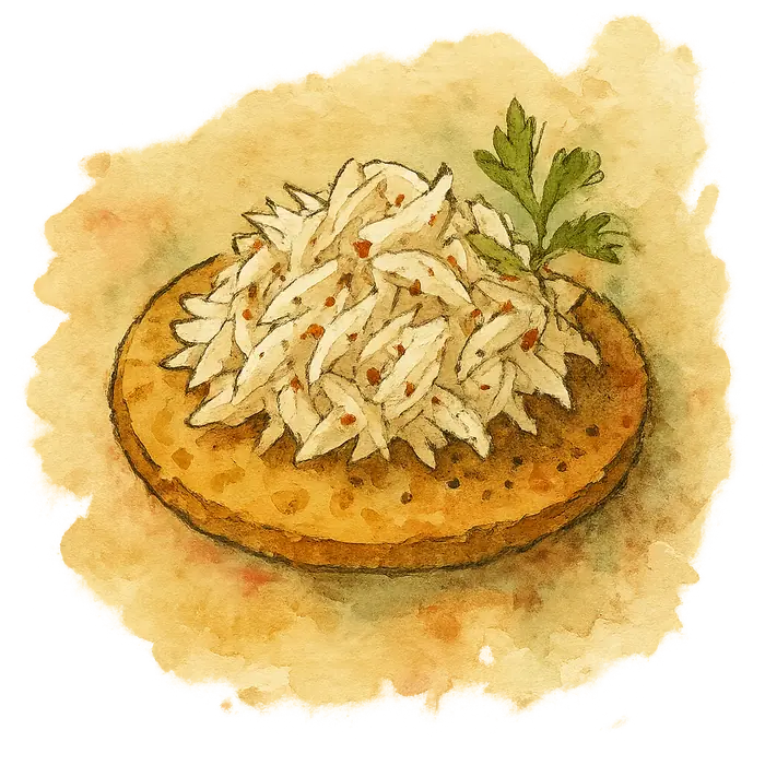 A watercolour of oatcakes topped with white crab meat flecked with chilli