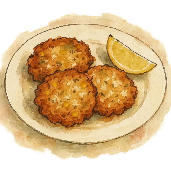 A watercolour of golden-brown fritters flecked with yellow sweetcorn and white crab meat