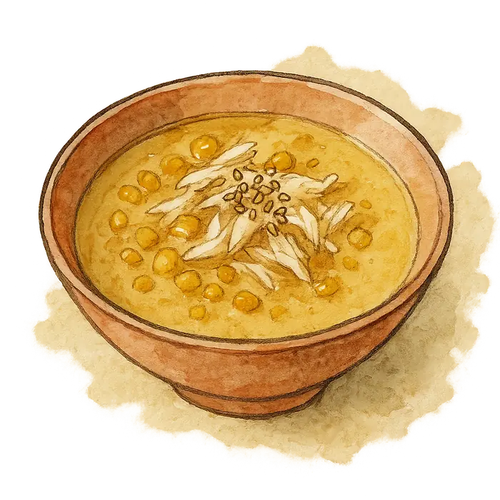 A watercolour of a bowl of pale golden soup with sweetcorn kernels and white crab meat, sesame on top