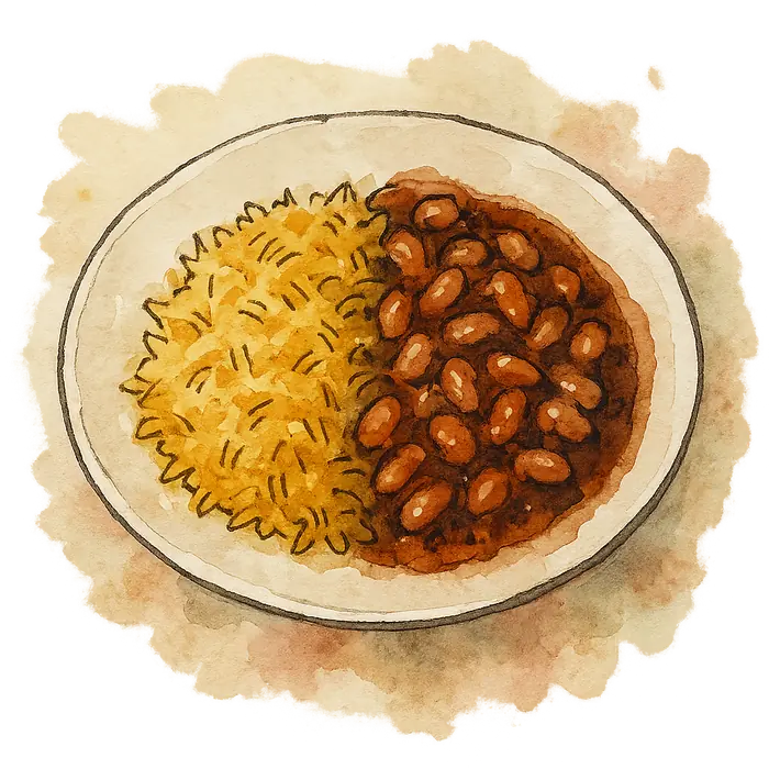 A watercolour of golden turmeric rice beside baked beans in a dark spiced sauce