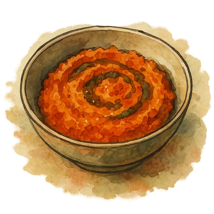 A watercolour of a bowl of thick orange carrot and lentil mash with a drizzle of spiced oil