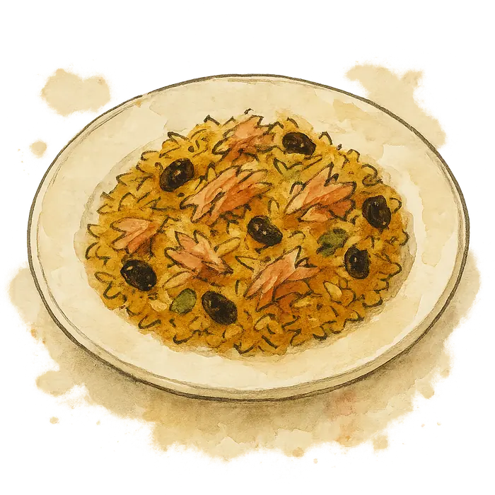 A watercolour of a plate of golden turmeric rice with flakes of tuna and dark raisins