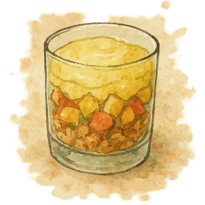 A watercolour of layered broken digestive biscuits, pale fruit cocktail and yellow custard in a glass