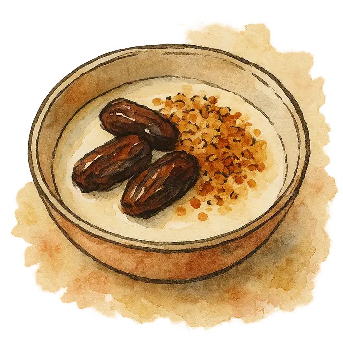 A watercolour of a bowl of warm pale milk with dark soft dates and toasted golden coconut on top