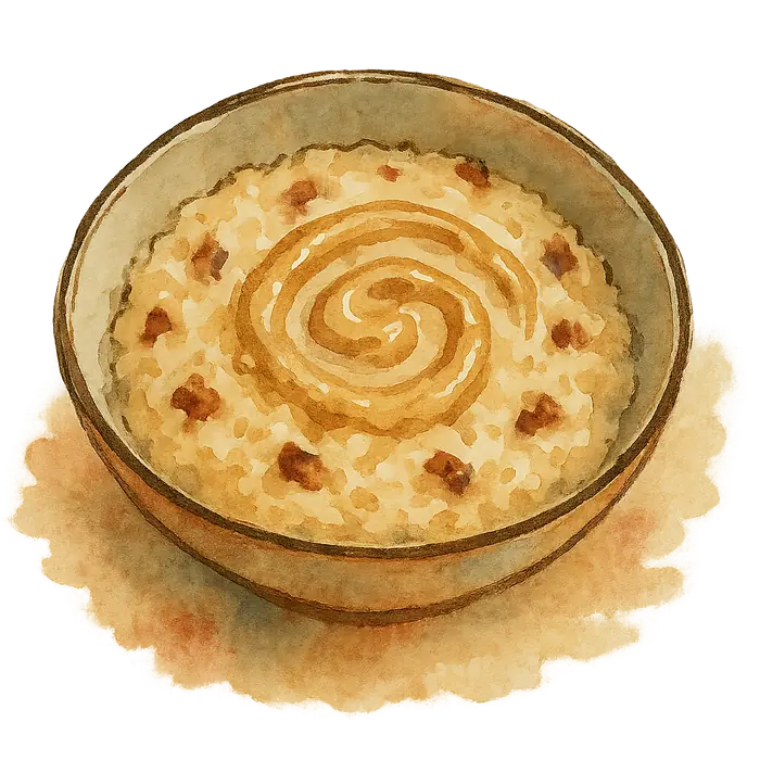 A watercolour of oat porridge with chopped dates and a swirl of tahini